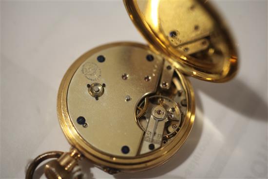 A late 19th/early 20th century 18ct gold keyless pocket watch, in fitted case.